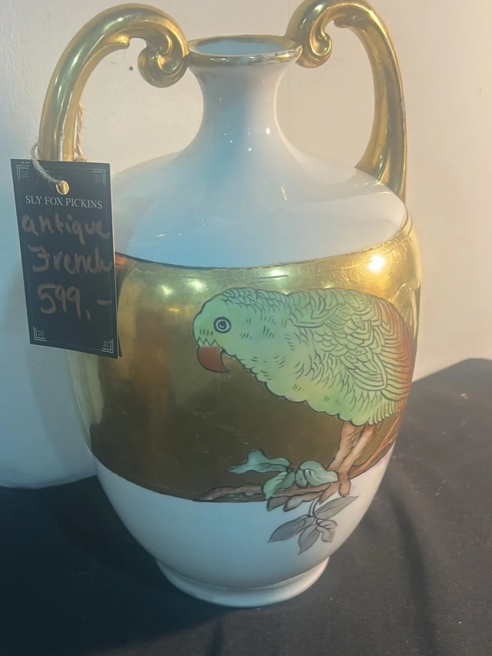 Antique French Gold and White Parrot Accent Vase - Decorative Home Accent